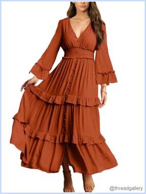 Womens V Neck Long Sleeve Boho Maxi Dress Ruffle Smocked Waist Tiered Flowy